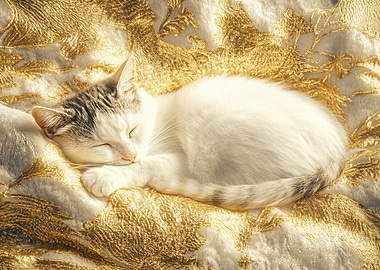 Sleeping Kitten on Gold Blanket