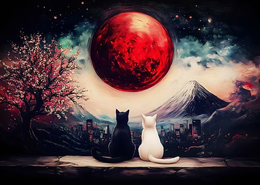 Black and White Cats Under Red Moon