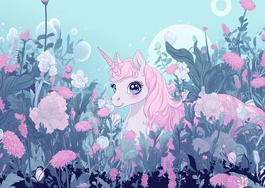 Unicorn in Flower Garden