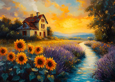 Sunset Farmhouse with Lavender Field