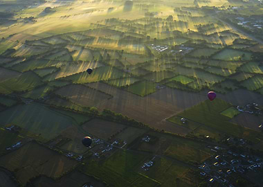 Hot Air Balloons Over Green Fields
