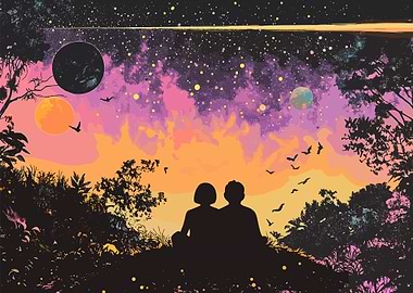 Silhouettes Under a Cosmic Sky