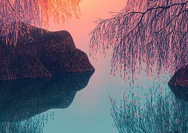 Forest Mountain Lake ,Silhouetted Mountain Reflection