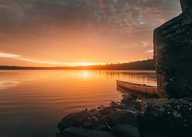 Sunset Lake with Canoe