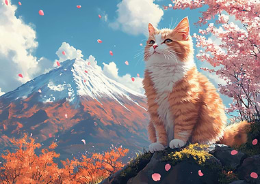 Cat Under Cherry Blossoms