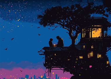 Silhouette Couple Treehouse