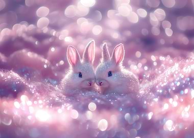 Two White Bunnies in Pink