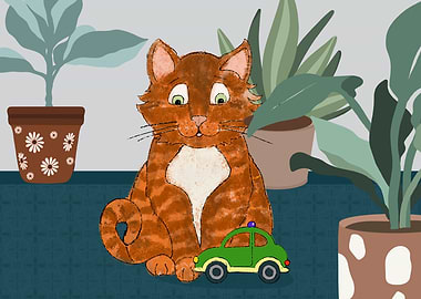Curious Cat with Toy Car