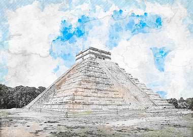 Chichen Itza Pyramid Watercolor