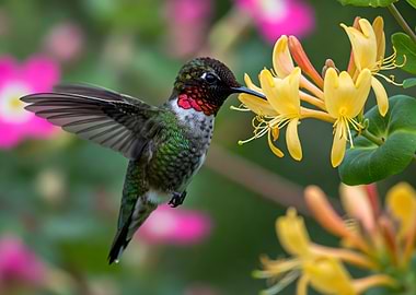 Ruby-Throated Hummingbird Eats Honeysuckle
