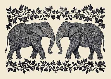 Elephants Botanical Black & White