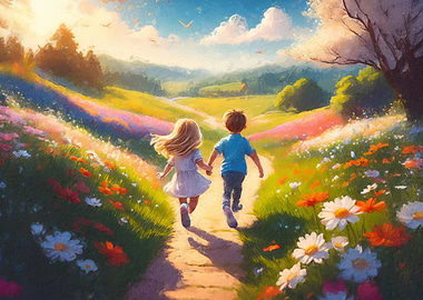 Children Running Through Flowers