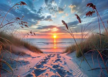 Sunset at sandy Sea Beach Path