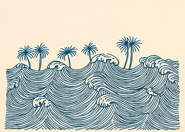 Palm Trees and Waves Linocut