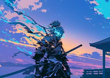 Samurai with Blue Flames