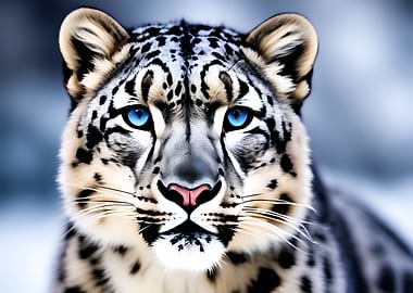 Snow Leopard with Piercing Blue Eyes Portrait