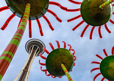 Seattle Space Needle with Flower Sculptures