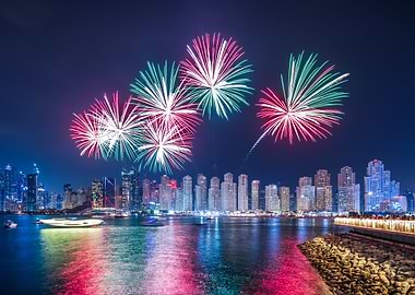 Fireworks Over Dubai Cityscape