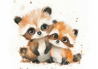 Cute Raccoon Pair Watercolor