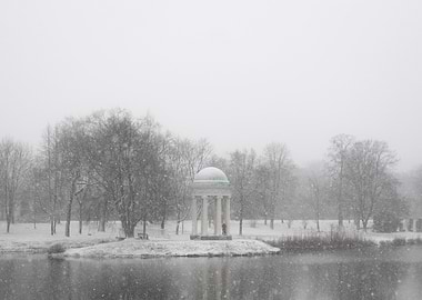 Snowy Gazebo by the Lake