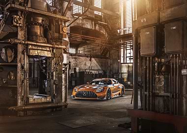Orange Sports Car in Industrial Setting