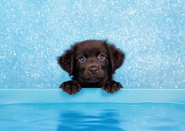 Puppy Peeking from Pool