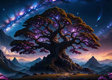 Mystical Tree Under Starry Sky
