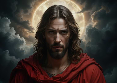 Portrait of Jesus Christ in Red Robe with Dramatic Cloudy Background