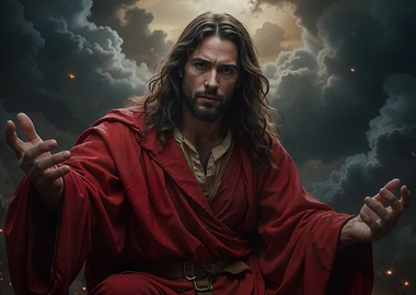 Portrait of Jesus Christ in Red Robe with Dramatic Cloudy Background
