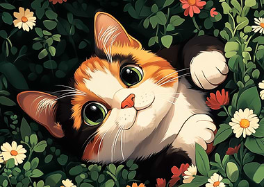 Calico Cat in Flowers