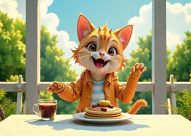 Cute Cat Enjoying Pancakes