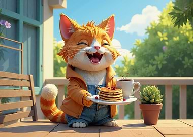 Happy Cat with Pancakes