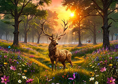 Forest Deer Sunset