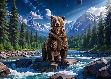 Grizzly Bear in Mountain River