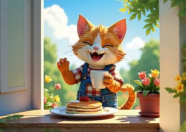 Happy Cat with Pancakes