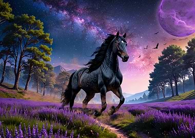 Black Horse in Lavender Field