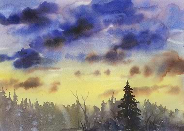 Watercolor Sunset Landscape