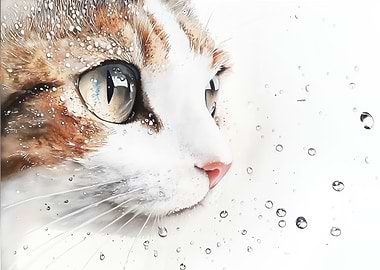 Cat Watercolor with Raindrops