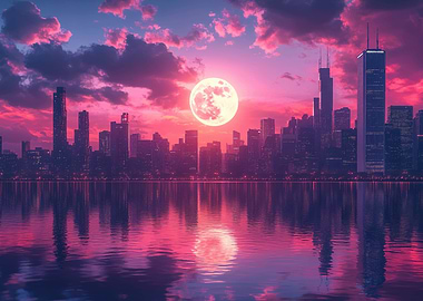Cityscape with Full Moon