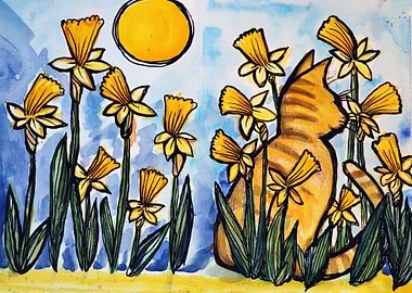 Cat in a Field of Daffodils