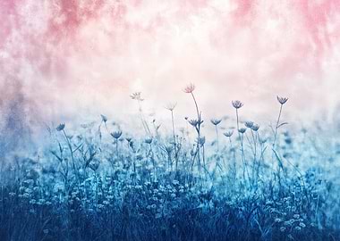 Soft Grunge Meadow with Blue and Pink Wildflowers