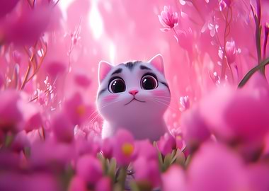Cute Cat in Pink Flowers