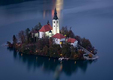 Assumption Church on Lake Bled at Dusk