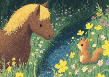 Horse and Squirrel by Stream