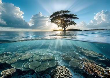 Tropical Island Sunset & Coral Reef