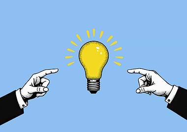 Hands pointing lightbulb vintage flat