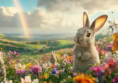 Cute Bunny in Flower Field