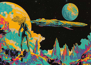 Cosmic Odyssey: Space Woman and Spaceship