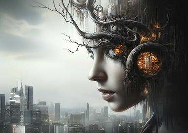 Cyberpunk Woman with Cityscape