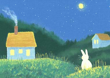 Nighttime Cottage with Rabbit